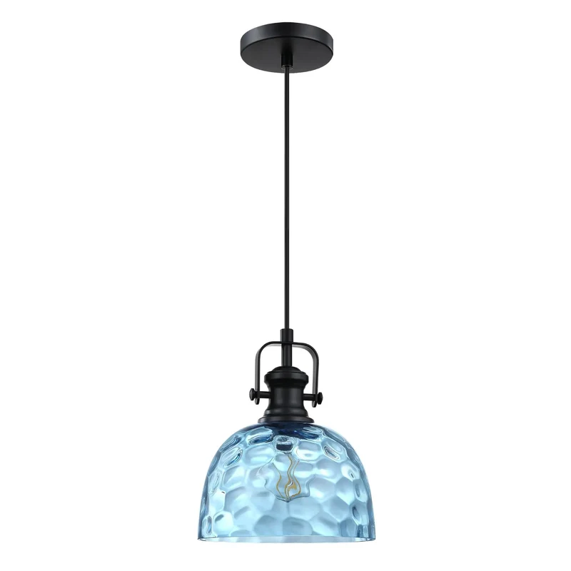 2 Pack 8 Inch Blue Textured Glass Farmhouse Black Pendant Lights Bring Major Flair to Your Home with a Badass Finish and Hella Bright Glow That Makes Any Space Go Lit while Fully Dimmable and Compatible with E26 Bulbs Supporting Up to 100 Watts