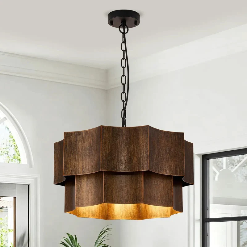 Heavy Duty Two Tier Drum Chandelier With Five Bright Lamps In Durable Dark Bronze Finish And Gold Accent Frame For That Classic Farmhouse Dining Room Vibe And Super Solid Ceiling Lighting Setup