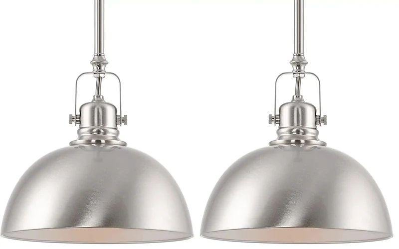 Fresh Modern Retro 9 Inch Dome Pendant Lamp With Adjustable Swivel Joint For Sloped Ceiling, Heavy Duty Brushed Nickel Metal Hanging Light Pair With Reflective Interior