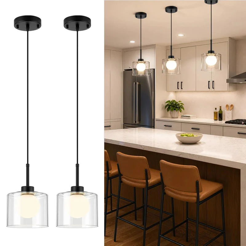 Sleek Matte Black Glass Pendant Lights 2 Pack For Kitchen Island, Layered Clear And Frosted Shades Throw A Wicked Warm Glow While Hiding The Bulb, Badass Modern Vibes For Dining Rooms
