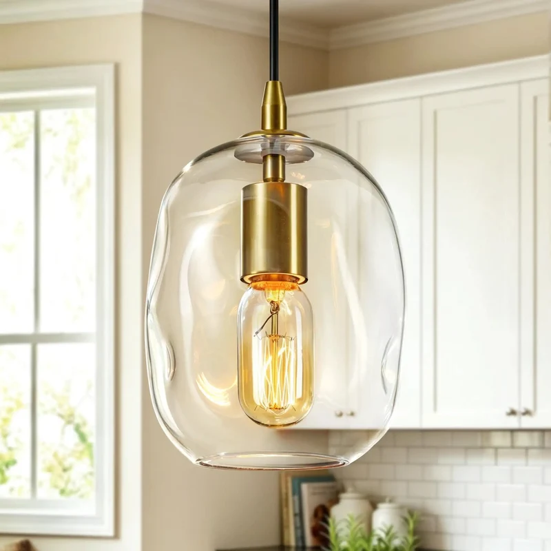 Hand Blown Clear Glass Pendant Light With Brushed Brass Finish For Kitchen Island Sleek Nine Inch Ceiling Fixture A Pretty Dang Hecka Beauty For Modern Farmhouse Decor