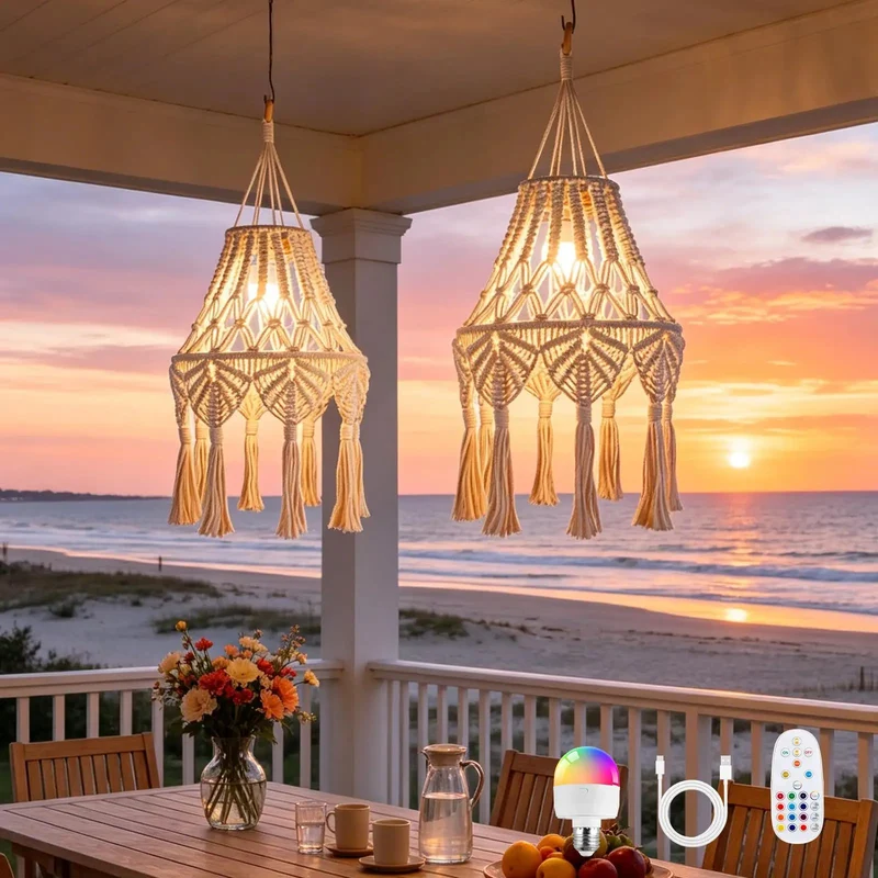 Boho Macrame Pendant Lights with Tassels Remote Control Dimmable Timer Cordless Battery Operated Hanging Lamps for Bedroom Living Room Decor 2 Pack Effortless Glow Up Guarantee