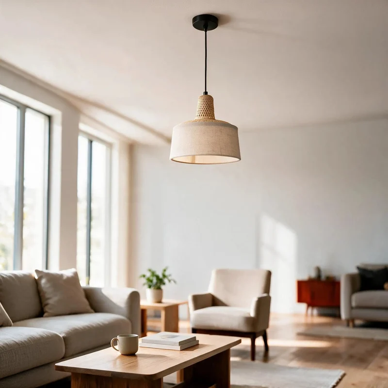 Slick Matte Black Hanging Pendant With Raw Bamboo And Linen Fabric Shade For Your Kitchen Island Or Casual Dining Area Totally Slick Modern Farmhouse Vibe For Any Room You Pick