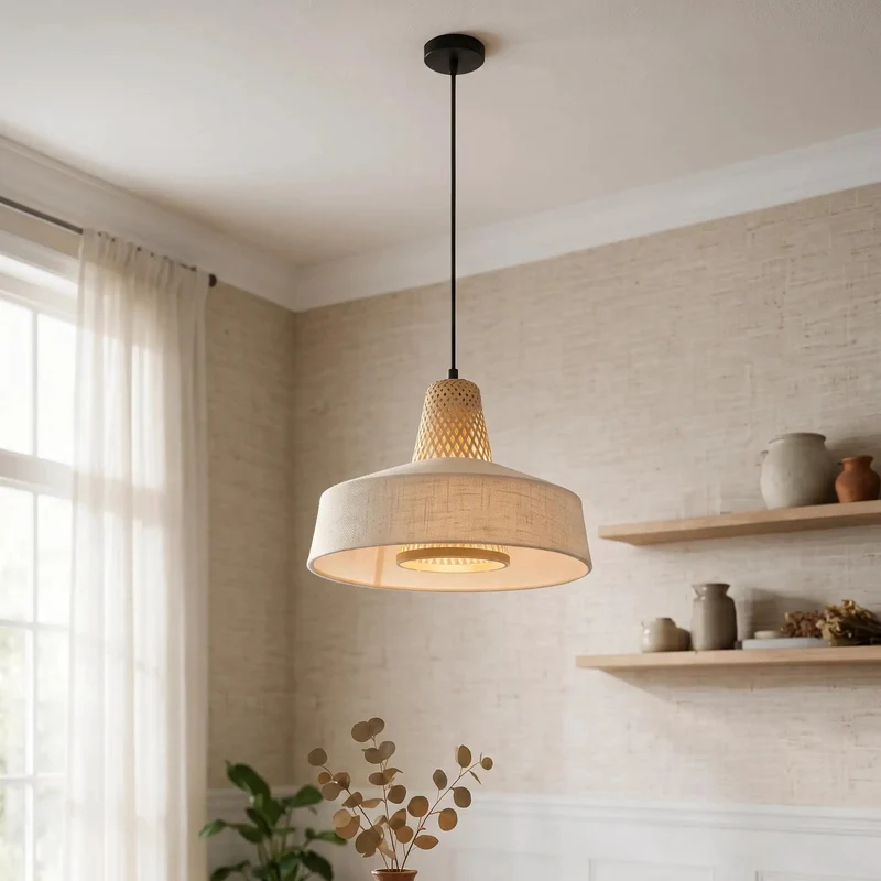 Drop Dead Cozy Matte Black Pendant Light With Handcrafted Bamboo And Linen Shade, Slick Hanging Lamp For Kitchen Island, Modern Farmhouse Decor That Delivers A Home Run Vibe To Any Living Space