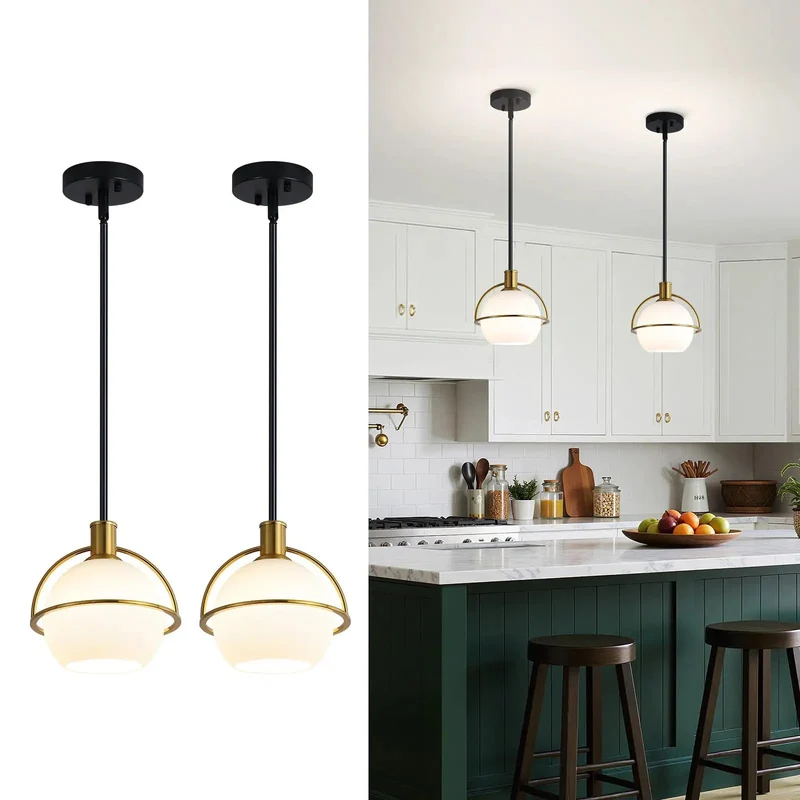 2 Pack Mid Century Globe Pendant Lights With Sleek Brass Gold And Matte Black Accents Hand Blown Milk White Glass Shades Top Tier Kitchen Island Hanging Fixtures Low Key Total Game Changer For Home Vibes