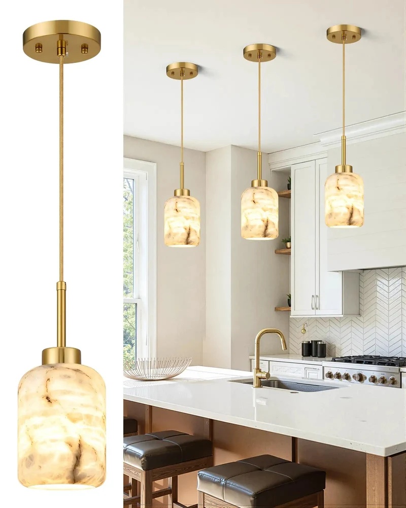 Top Shelf Natural Spanish Alabaster Pendant Lights For Kitchen Island, Slick Modern Gold Hanging Fixtures With Unique Stone Veining That Puts A Fresh Glowing Vibe In Any Home Now