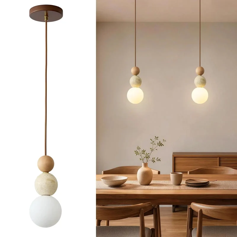 Totally Unique Dang Beautiful Handpolished Travertine Pendant Light With Solid Wood Bead And Soft Milk Glass Shade Artisan Japandi Hanging Fixture For Modern Spaces