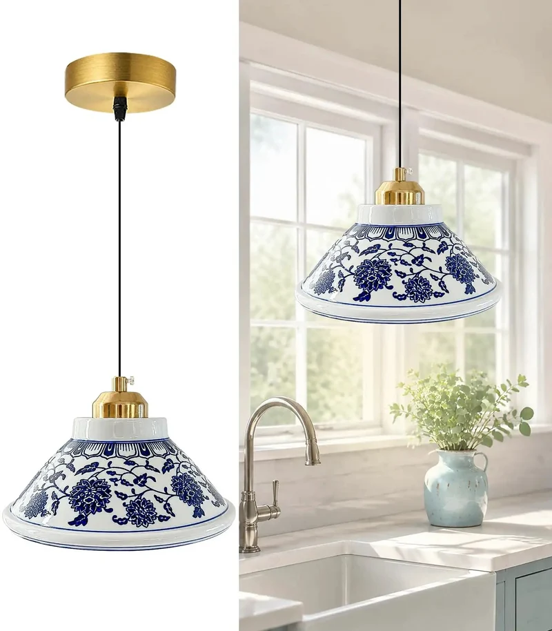 Super Chic Handpainted Blue And White Porcelain Pendant Light With Warm Gold Accents Vintage Farmhouse Hanging Lamp For Kitchen Island Dining Room Bedroom Cozy Setup And Chill Vibes
