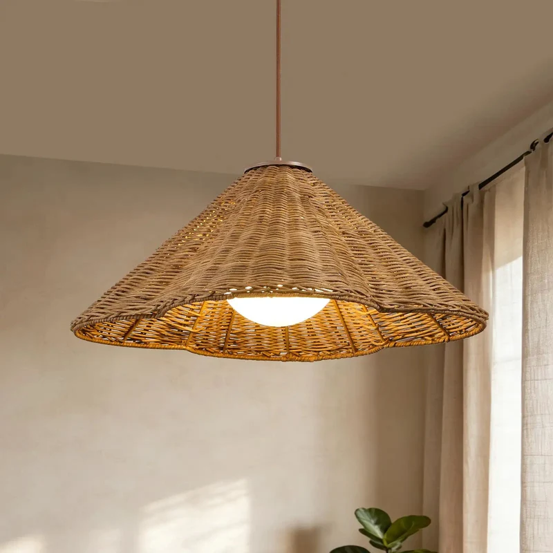 19 Inch Hand Woven Rattan Pendant Light with Glass Shade Brings Chill Farmhouse Boho Vibes to Your Home Rustic Ceiling Lamp with Cozy Wabi Sabi Design for Kitchen Island Dining Area and Living Room