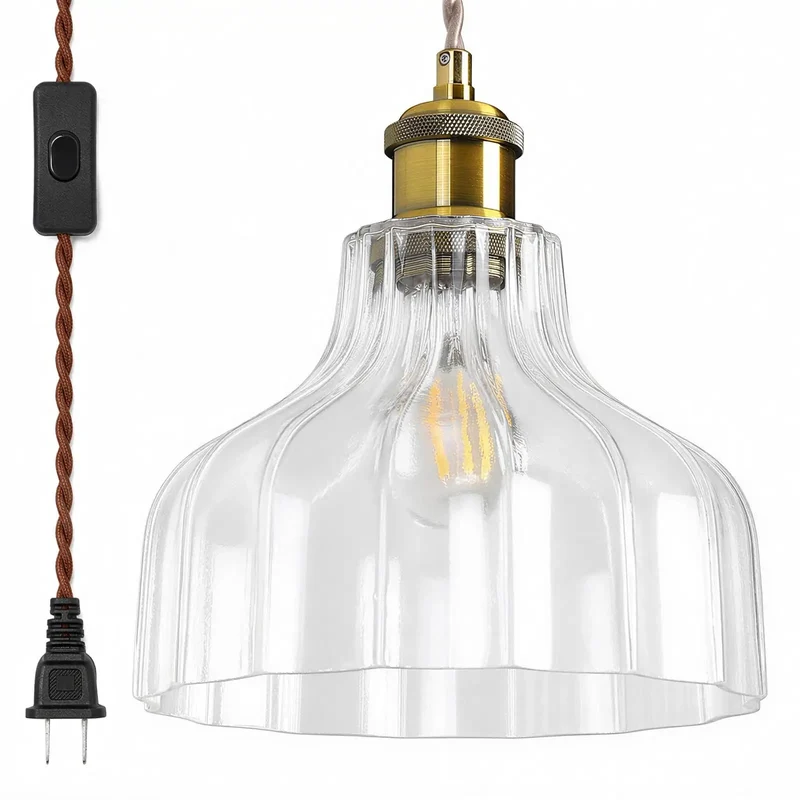 Plug And Play Fluted Glass Pendant Light Featuring Adjustable Cord Vintage Hanging Fixture For Kitchen Island Bedroom Dining Room Kick Up Your Space Zero Hassle Setup Super Chic Retro Vibes