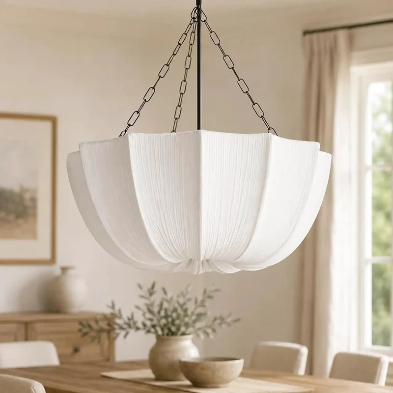 Top Shelf 19 7 Inch White Pleated Fabric Chandelier With Four E12 Candelabra Sockets Bringing A Smooth Cozy Vibe Perfect For Warm Farmhouse Dining Rooms Lighting
