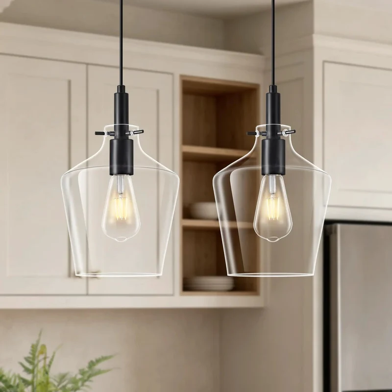 Two Pack Slick Black Pendant Lights Featuring Eight Inch Clear Glass Shades And Quick Adjustable Chains To Level Up Your Kitchen Island Or Living Room Setup Modern Farmhouse Industrial Ceiling Lamp