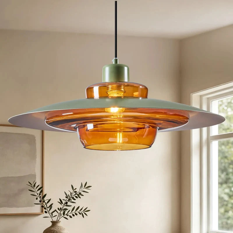 19 Inch Amber Glass Pendant Light Mid Century Modern Sculptural Metal Saucer Ceiling Chandelier For Dining Room Kitchen Built Different Warm Metallic Accent Top Rated