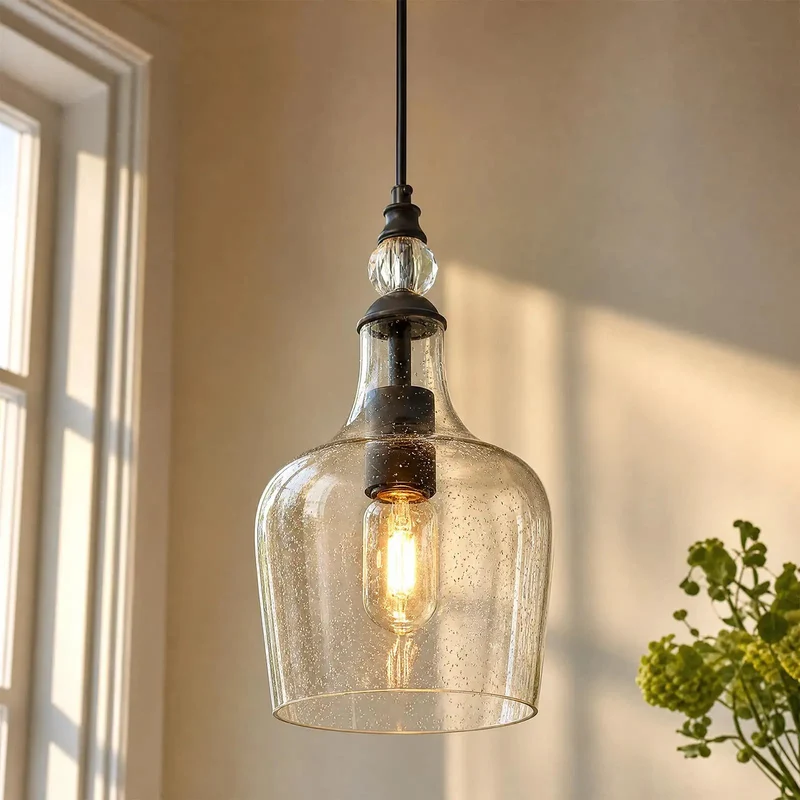Top Tier Seeded Glass Pendant Light For Kitchen Island With Sleek Matte Black Teardrop Shade And Easily Adjustable Drop Cord Plus Broad Open Bottom For Modern Farmhouse Home Ceilings