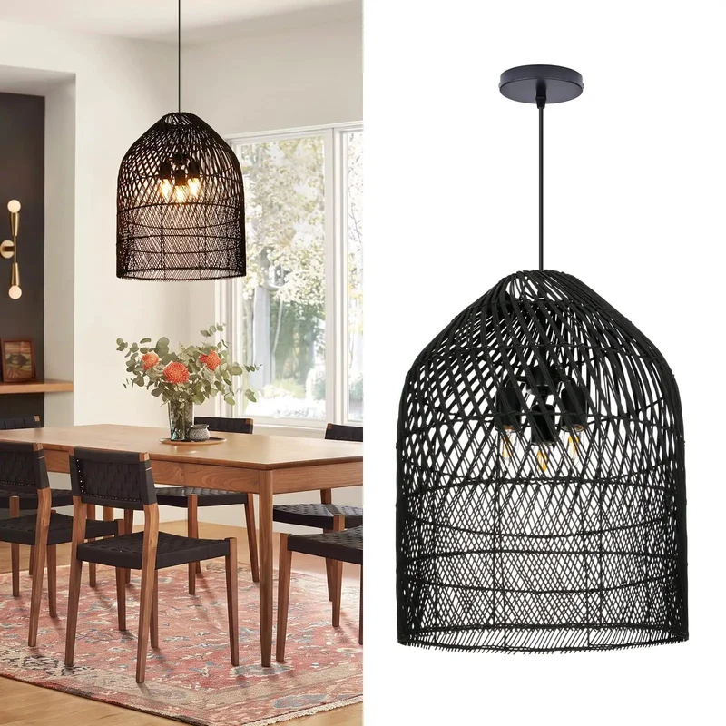 Handwoven Rattan Three Light Bell Pendant Lamp With Open Grid Layout Casting Warm Dappled Shadows For Kitchen Island Or Dining Room In Smooth Black Finish And Totally Fire Coastal Vibes