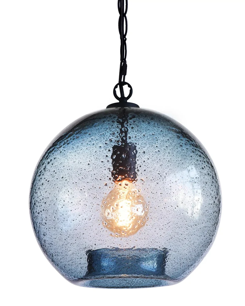 Stunning Modern Farmhouse Blue Seeded Glass Globe Pendant Light 11 Inch Diameter With Rustic Bubble Texture Hanging Ceiling Fixture To Brighten Kitchen Island Living Room Bedroom And Dining Area Decor