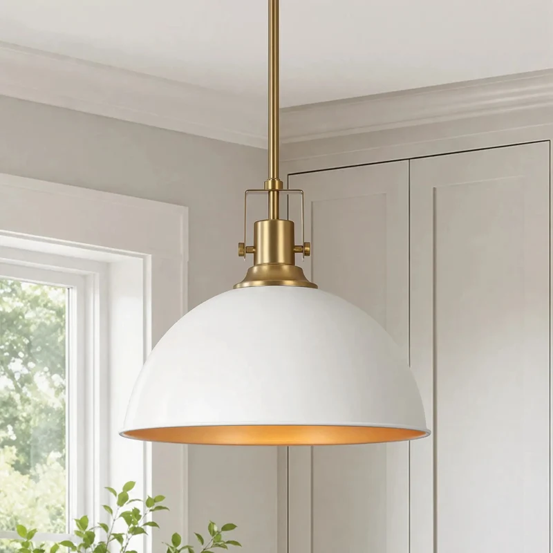 Next Level Modern 13 Inch Dome Pendant Light Polished White And Gold Ceiling Fixture Clean Aesthetic Single Bulb Hanging Lamp For Dining Kitchen Space And Living Room