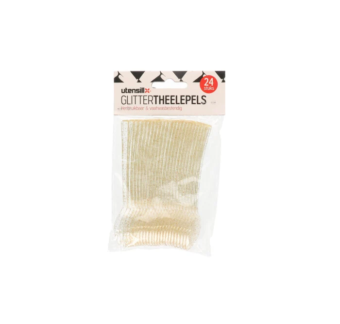 Theelepels plastic herbruikbaar glitter 24 stuks