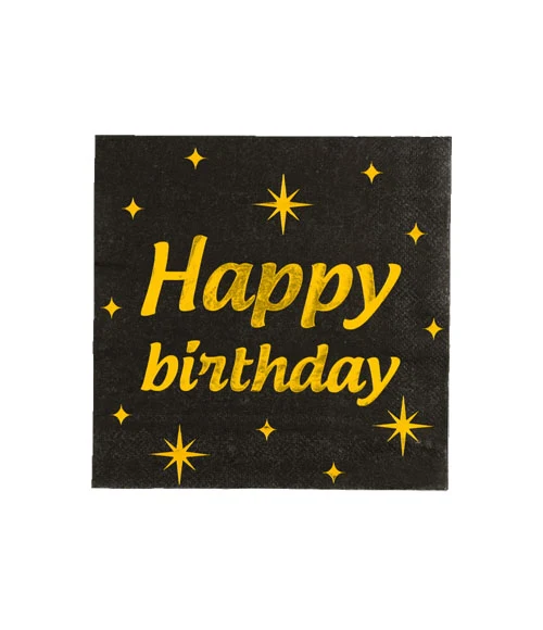 Servetten zwart/goud - Happy Birthday (16st.)