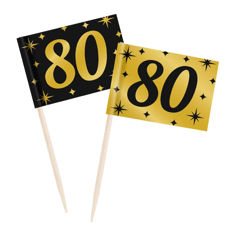 Cocktail prikkers 80 jaar zwart - goud - 50 stuks