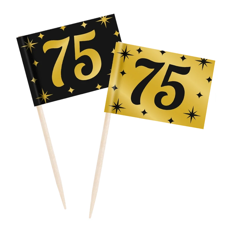 Cocktail prikkers 75 jaar zwart - goud - 50 stuks