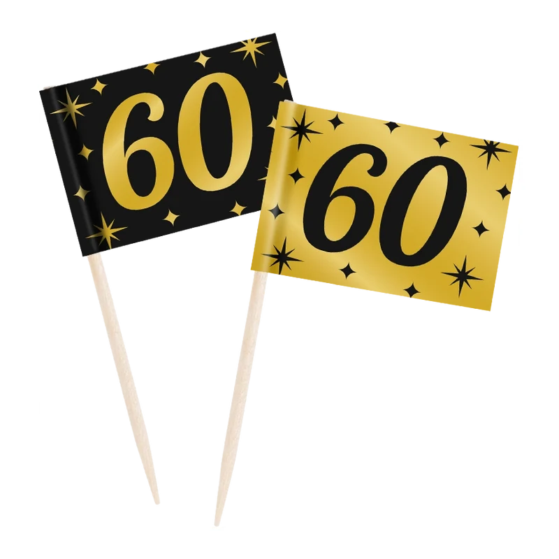 Cocktail prikkers 60 jaar zwart - goud - 50 stuks