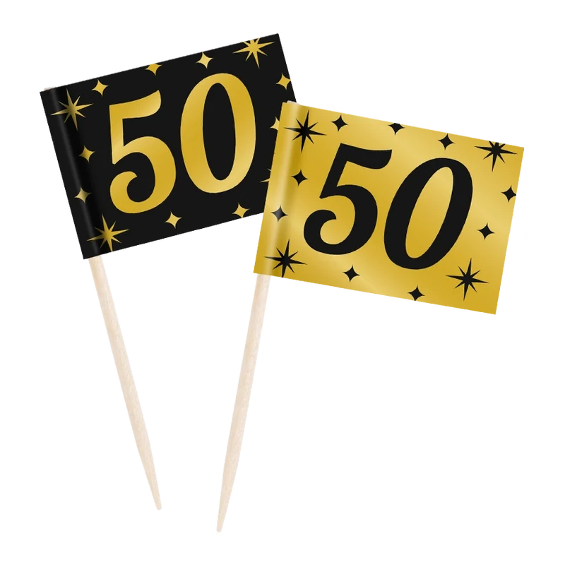 Cocktail prikkers 50 jaar zwart - goud - 50 stuks