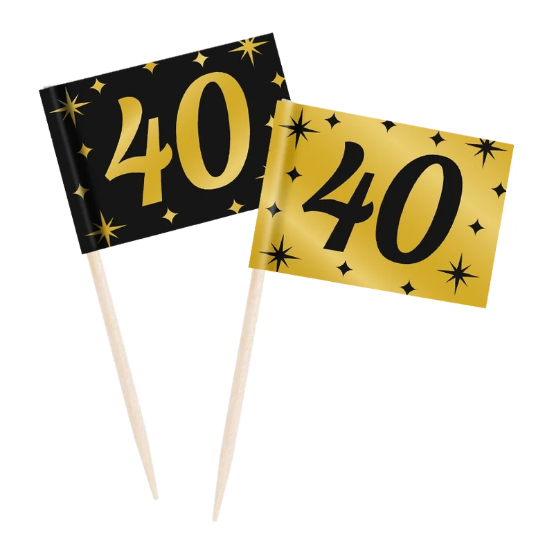 Cocktail prikkers 40 jaar zwart - goud - 50 stuks