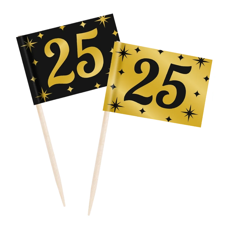 Cocktail prikkers 25 jaar zwart - goud - 50 stuks