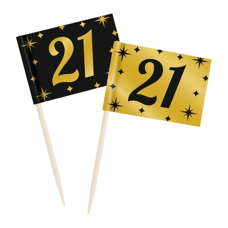 Cocktail prikkers 21 jaar zwart - goud - 50 stuks