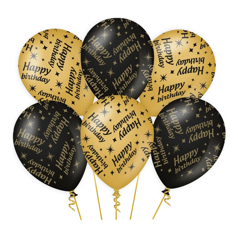 Ballonnen Happy Birthday Goud Zwart 6 stuks 30cm