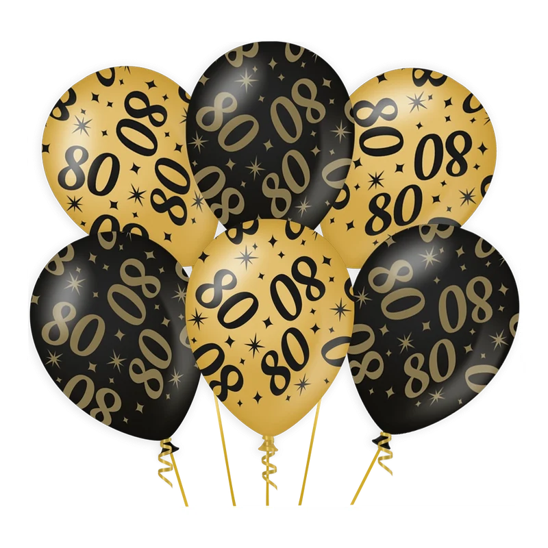 Ballonnen 80 jaar Goud Zwart 6 stuks 30cm