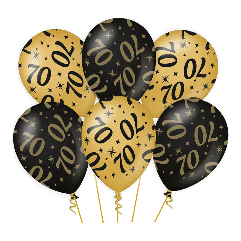 Ballonnen 70 jaar Goud Zwart 6 stuks 30cm