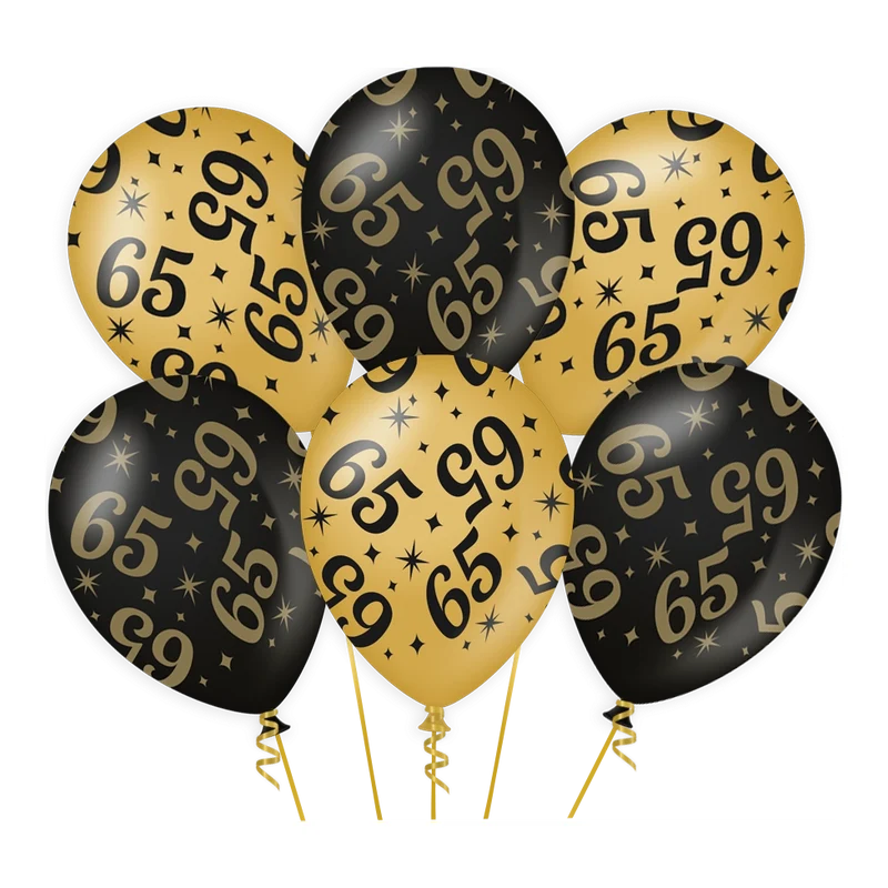 Ballonnen 65 jaar Goud Zwart 6 stuks 30cm