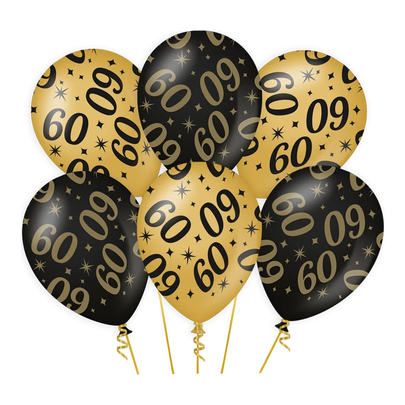Ballonnen 60 jaar Goud Zwart 6 stuks 30cm