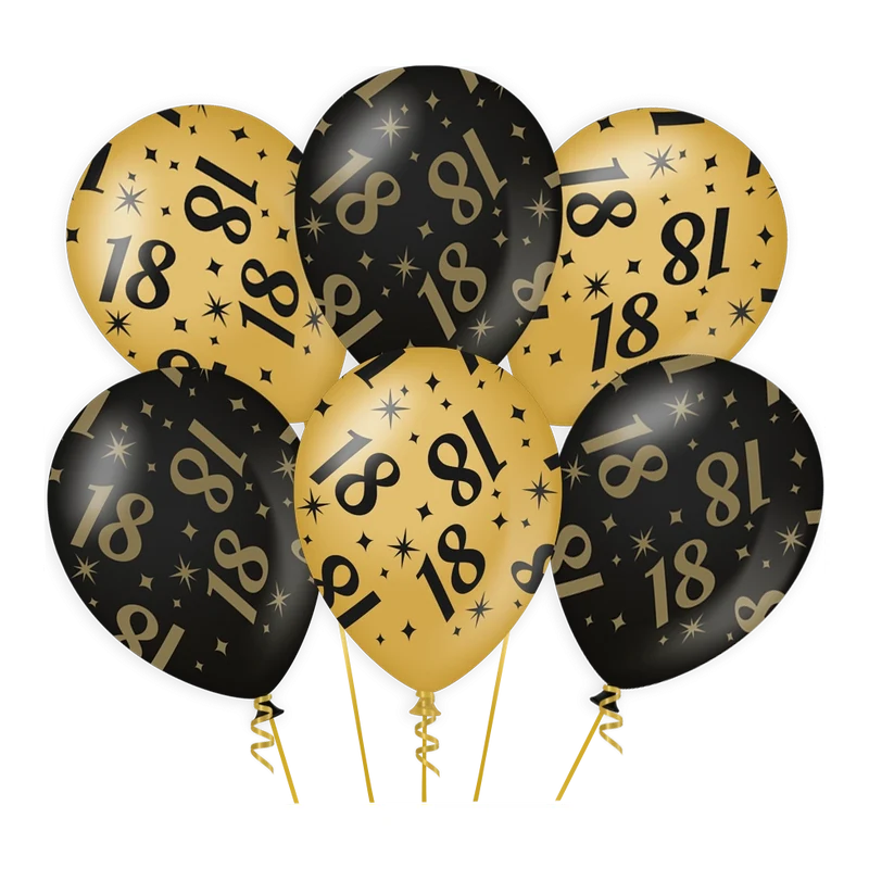 Ballonnen 18 jaar Goud Zwart 6 stuks 30cm