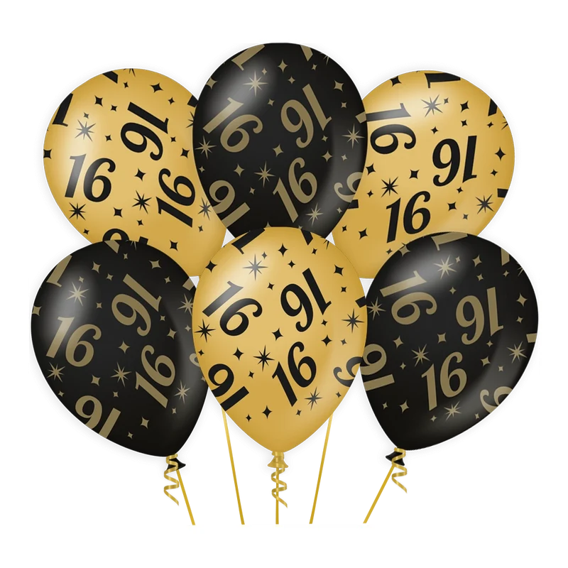 Ballonnen 16 jaar Goud Zwart 6 stuks 30cm