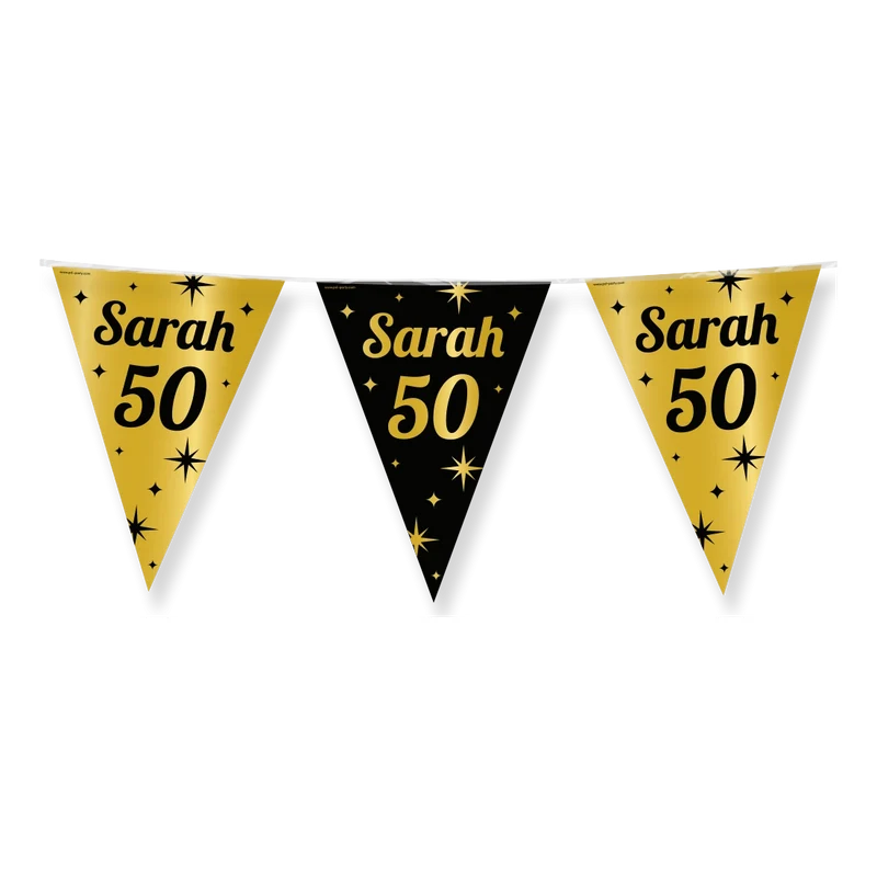 Party vlaggen Sarah - 50 jaar Goud Zwart