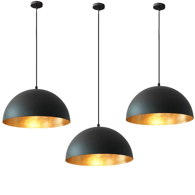 15 Inch Matte Black And Gold Dome Pendant Lights 3 Pack Industrial Farmhouse Textured Hanging Fixtures With Hand Applied Gold Leaf Interior Epic Vibe Lighting Showstopper For Kitchen Island Dining Room Bar Decor Setup