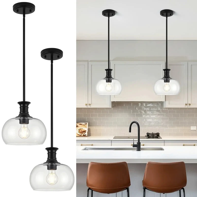 Super Sleek Matte Black And Clear Glass Pendant Lights Pack Of 2 With Adjustable Height Heavy Duty Metal Frame Next Level Decor For Your Kitchen Island Dining Room Or Bedroom