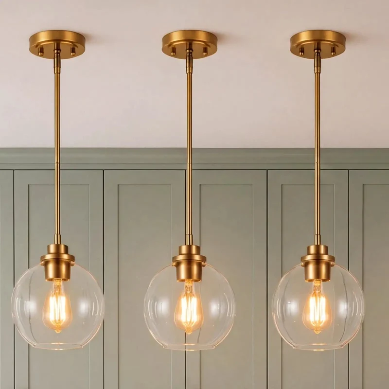 Upgrade Your Spot With This Hella Sleek 3-Pack Of Gold Brass Globe Pendant Lights Boasting 7-Inch Clear Glass Shades And Fully Adjustable Height Perfect For Slaying Your Kitchen Island Or Cozy Dining Nook Decor.
