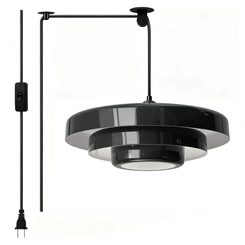 Black Swag Pendant Light Plug-In With Layered Metal Shade Mid Century Modern Retro Hanging Fixture Featuring Adjustable Pulley Cord And Switch Sleek Illumination For Bedroom Or Living Room Vibe
