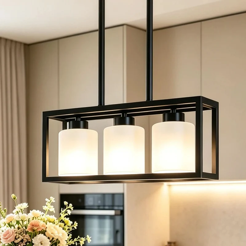 Sleek Black Three Light Island Pendant Fixtures Hangs Straight Up Perfect Over Kitchen Or Dining Area Featuring Dimmer Compatible E26 Base Socket A Total Game Changer For Modern Home Vibe And Everyday Glow