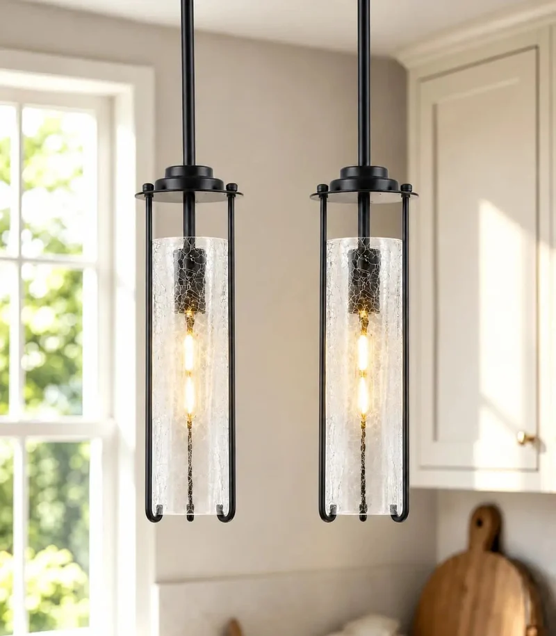 2 Pack Matte Black Pendant Light Fixtures Featuring Thick Crackle Glass Shades Crafted For Kitchen Islands To Bring Fresh Kick Ass Vibes And Soft Radiant Warm Illumination