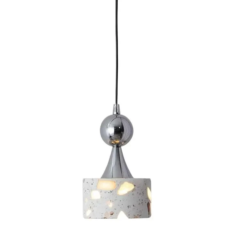 Small Terrazzo Pendant Light Featuring Four Point Seven Inch Polished Chrome Hanging Design to Elevate Your Living Space With Cool Vibes and Sophisticated Aesthetic for Cozy Reading Corners and Warm Downlight Ambiance in Modern Home Decor Settings.