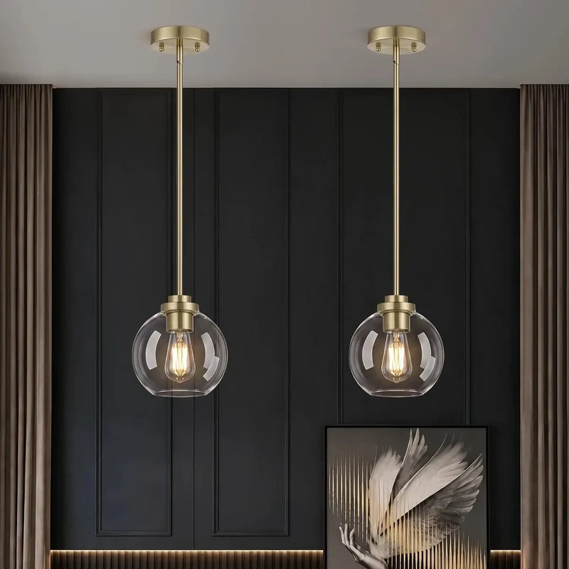 Slick Two Pack Mid Century Brass Globe Pendant Lights With Clear Glass Shade And Adjustable Height For Kitchen Island Or Dining Room Top Shelf Smooth Warm Glow Hanging Fixtures Bulbs Not Included