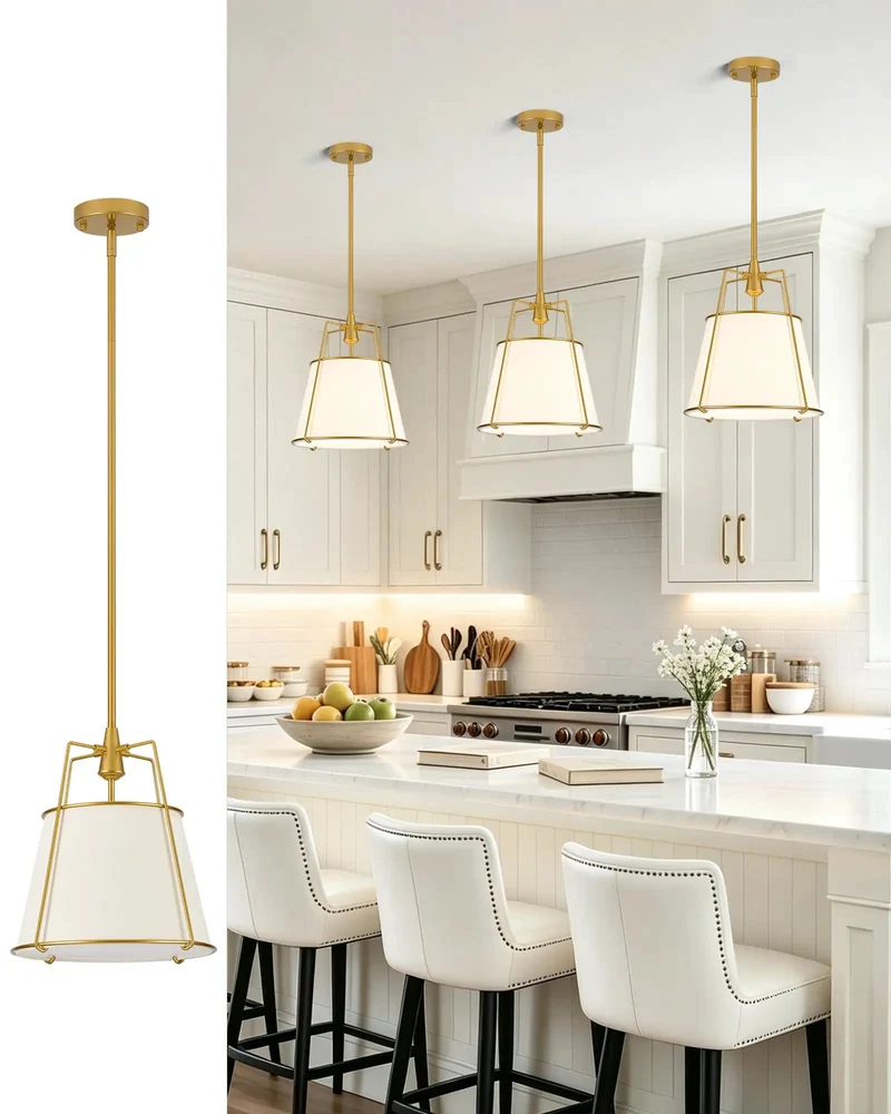 Gold Drum Pendant Light Over Kitchen Island With Linen Shade And Hidden Bulb Diffuser Sleek Fixture Upgrades Your Dining Area Setup With Serious Farmhouse Vibes 12.2 Inch Size For Cozy Kitchen Ambiance