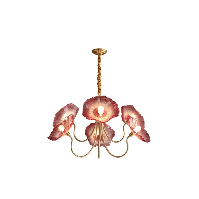 Badass Six Light Indoor Chandelier Featuring Bold Purple Poppy Glass Shades With Adjustable Drop Cable And Soft Warm Glow For Kitchen Or Dining Room Setup