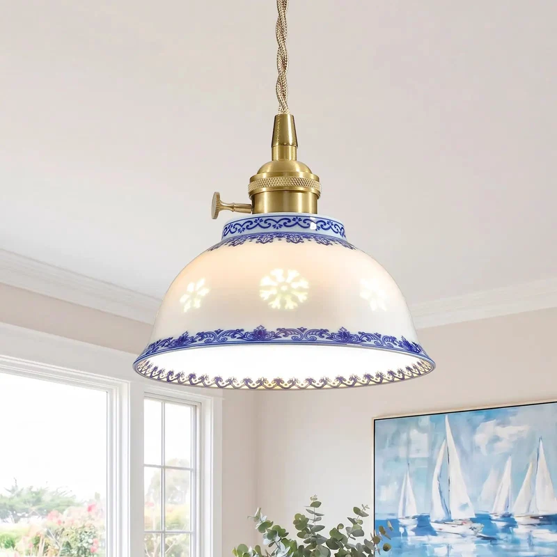Blue And White Ceramic Pendant Light With Brushed Brass Accents, Chinese Floral Porcelain Hanging Lamp For Kitchen Island, Old School Cool Vibes And Solid Build, Adds A Touch Of Swag To Your Space, High Five To Style
