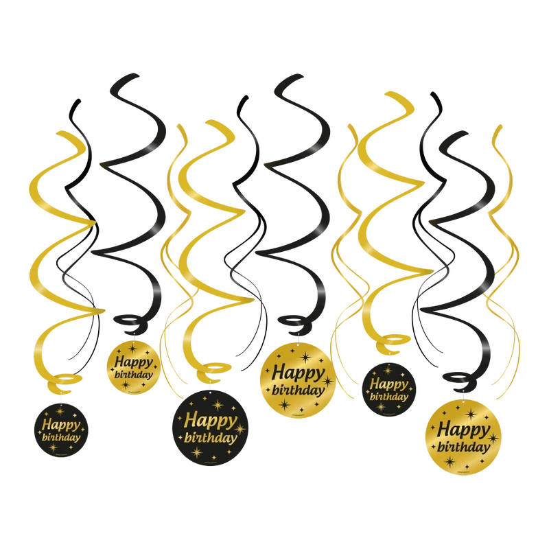 Swirl draaislinger Happy Birthday goud zwart 12 stuks